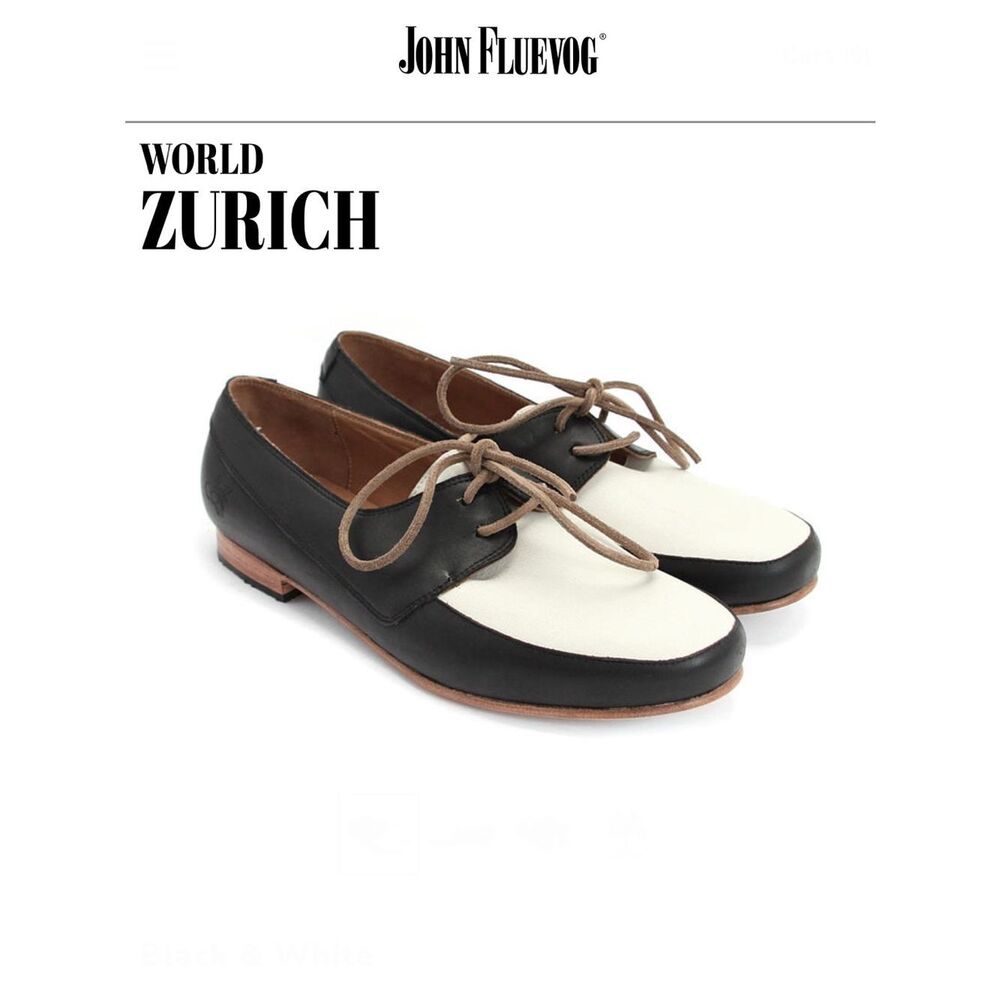 John Fluevog World Zurich Black & White Leather Deck Style Lace Up Shoes